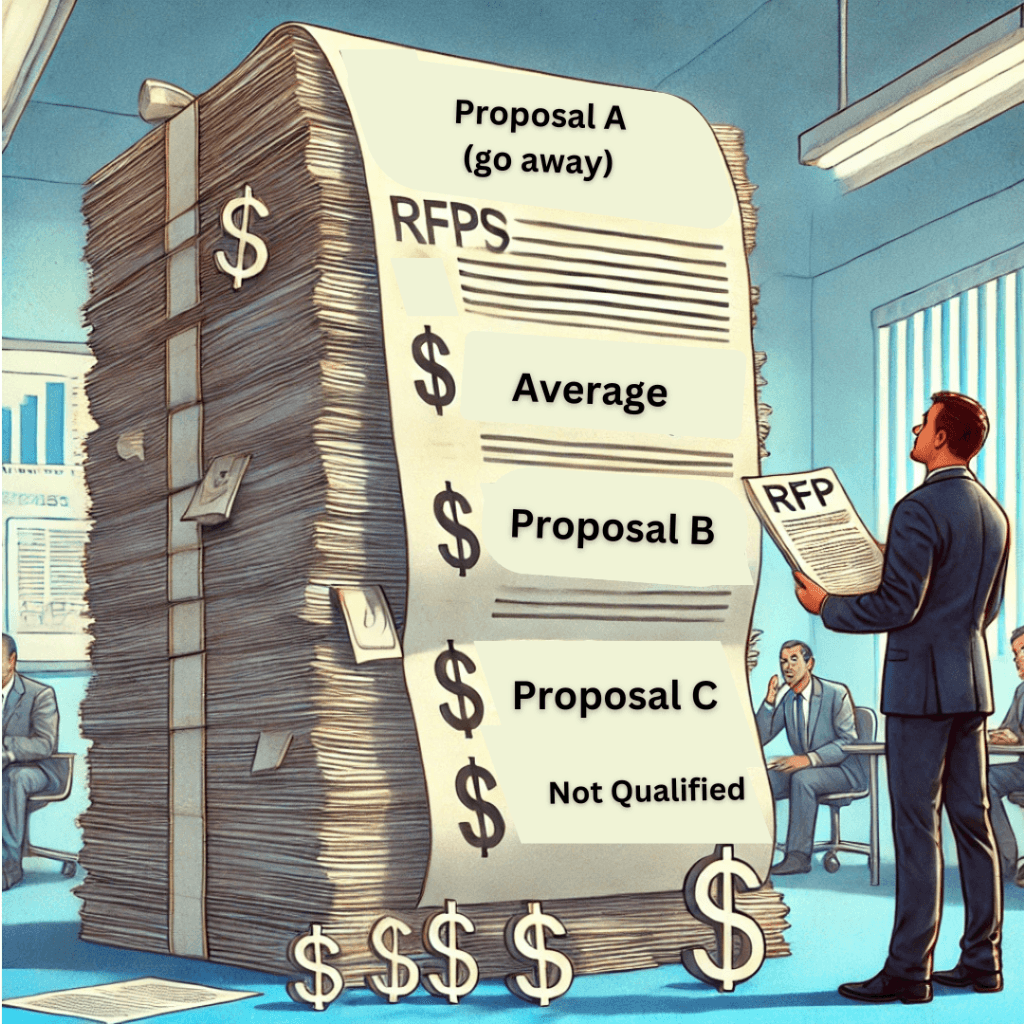 A man stares up at a mountainous stack of expensive RFPs