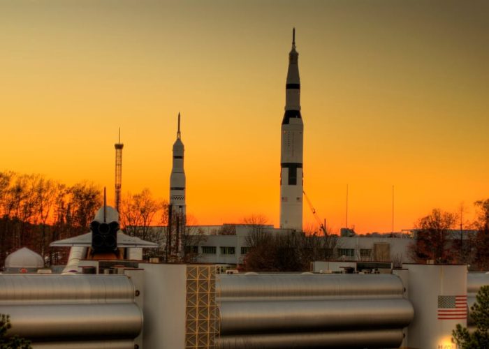 Photo at sunrise of the Saturn V rocket at the Davidson Center for Space Exploration in Huntsville Alabama